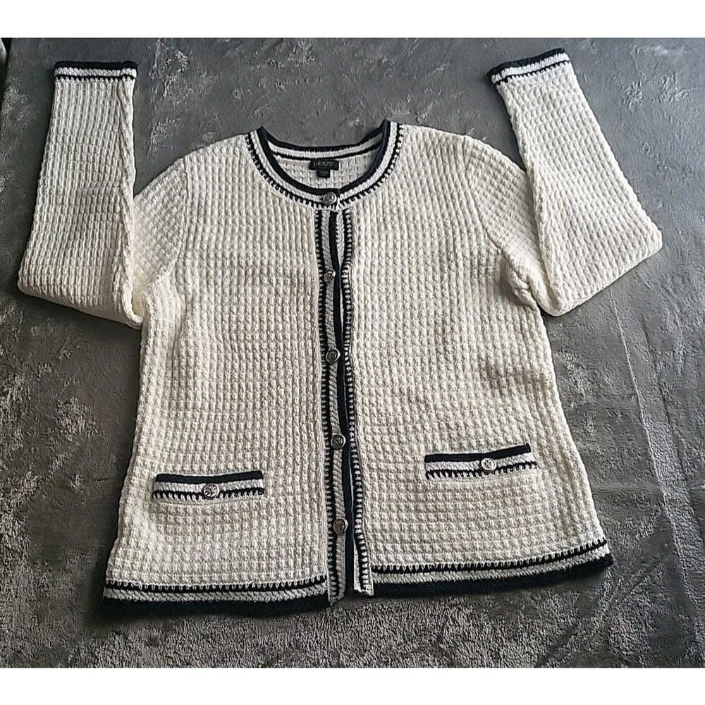 NWT J.Jill Wearever Sweater Jacket Small Contrast Trim Textured  White  Blue